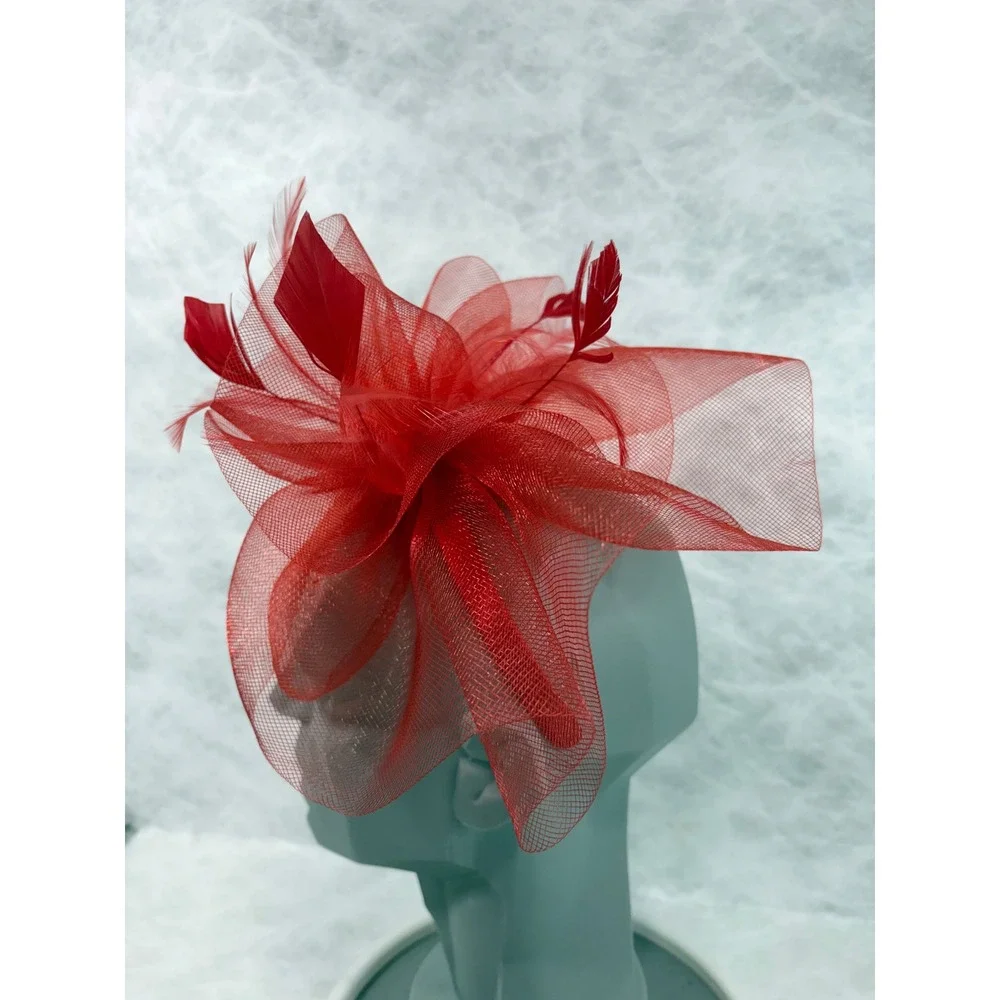 Bellissima‎ Millinery Red Fascinator Headband Mesh Feather Kentucky Derby Hat